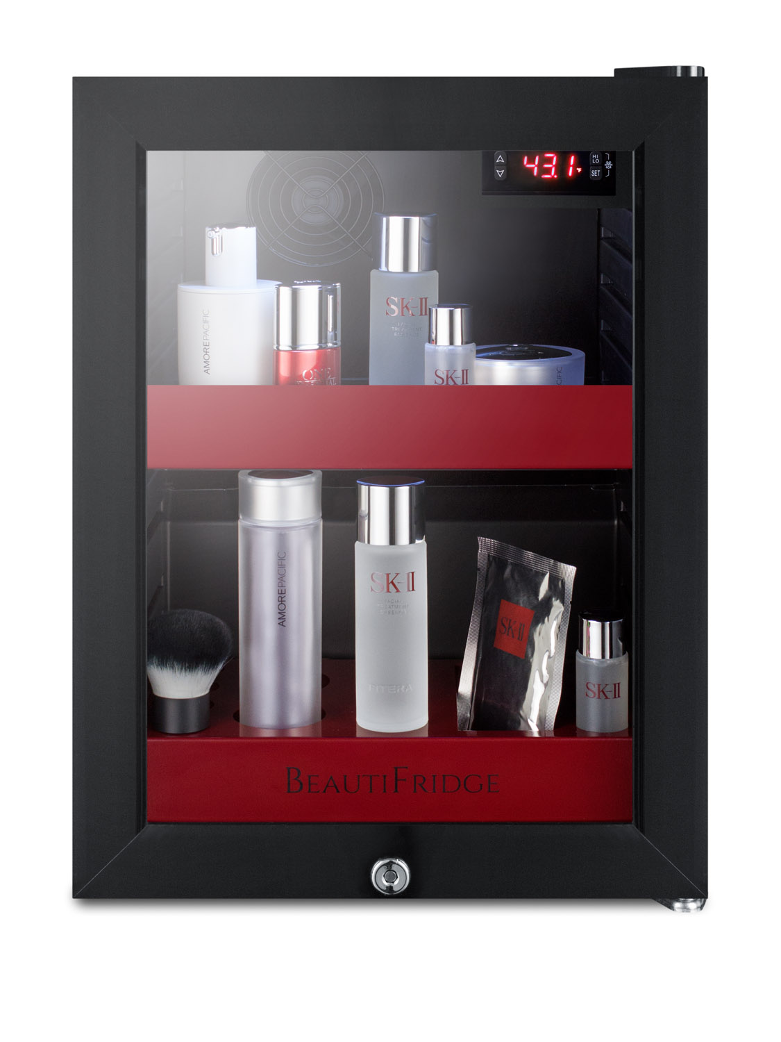 BeautiFridge compact cosmetics cooler with glass door, black cabinet, lock, glossy ruby-colored shelves, and digital controls set for the storage of beauty products